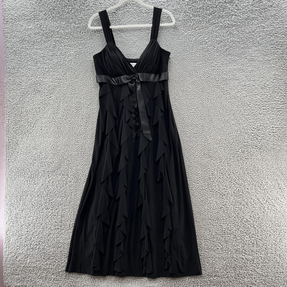Betsy Adam Dress 12P Black Ruffle Maxi Evening Gown Empire Satin Bow Party
